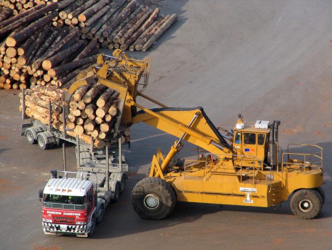 Logging equipment in action transporting logs.