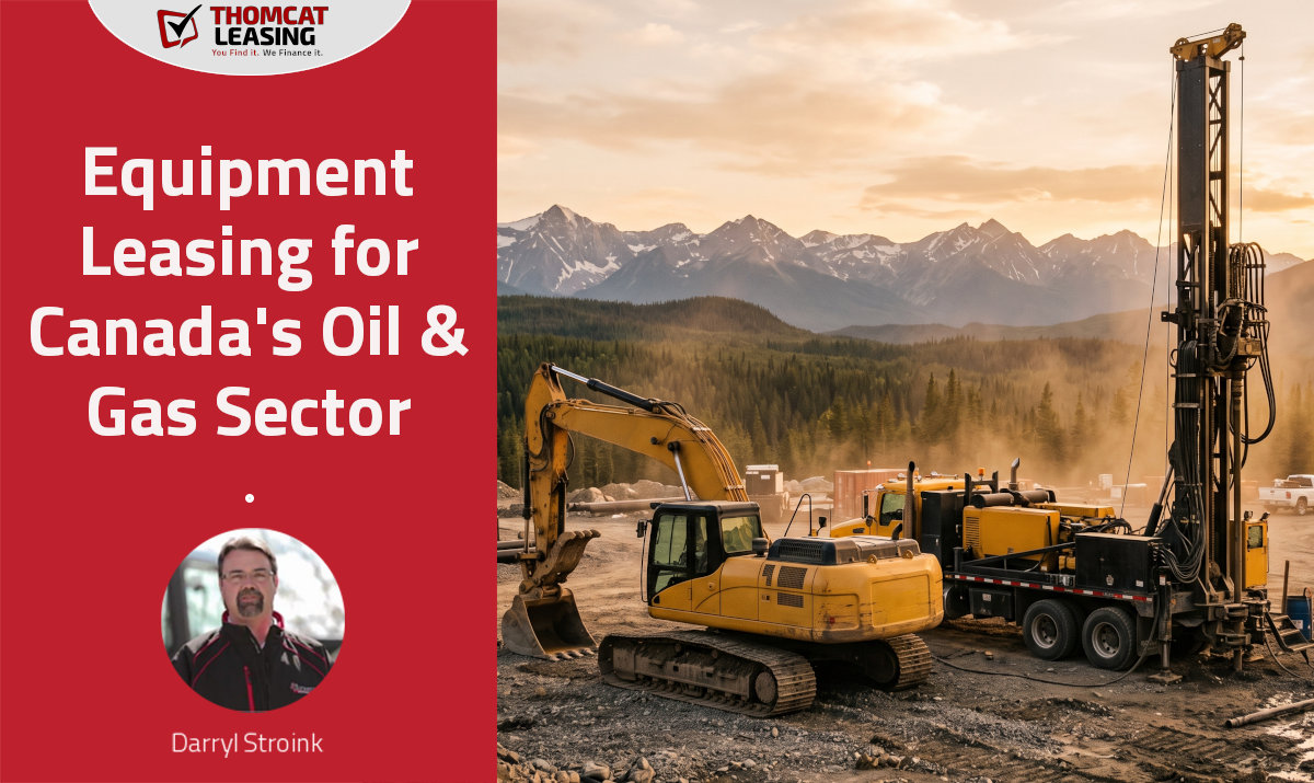 Equipment Leasing for Canada's Mining and Oil & Gas Sectors. A mobile drilling rig is deployed on site with a yellow excavator parked next to it.